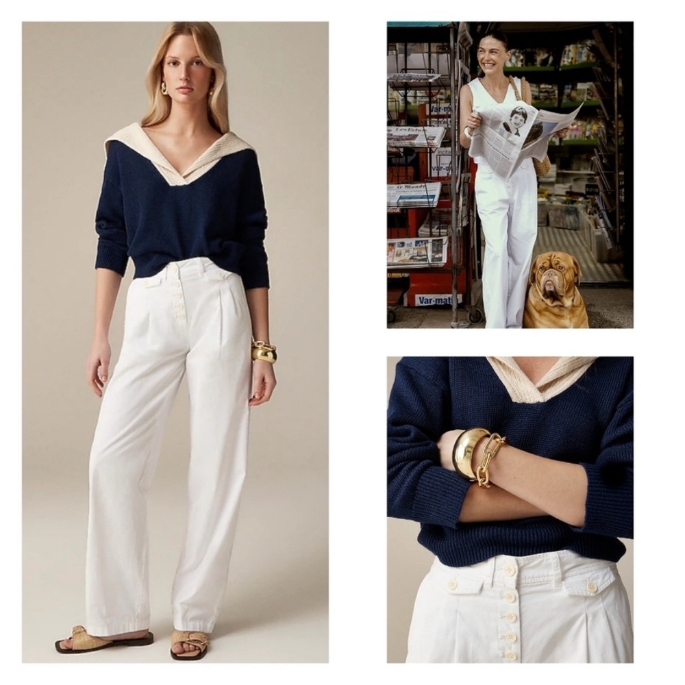 J Crew Pleated Button Front Pant Cozy Chino White Cotton Style BZ697 NEW Kaia
